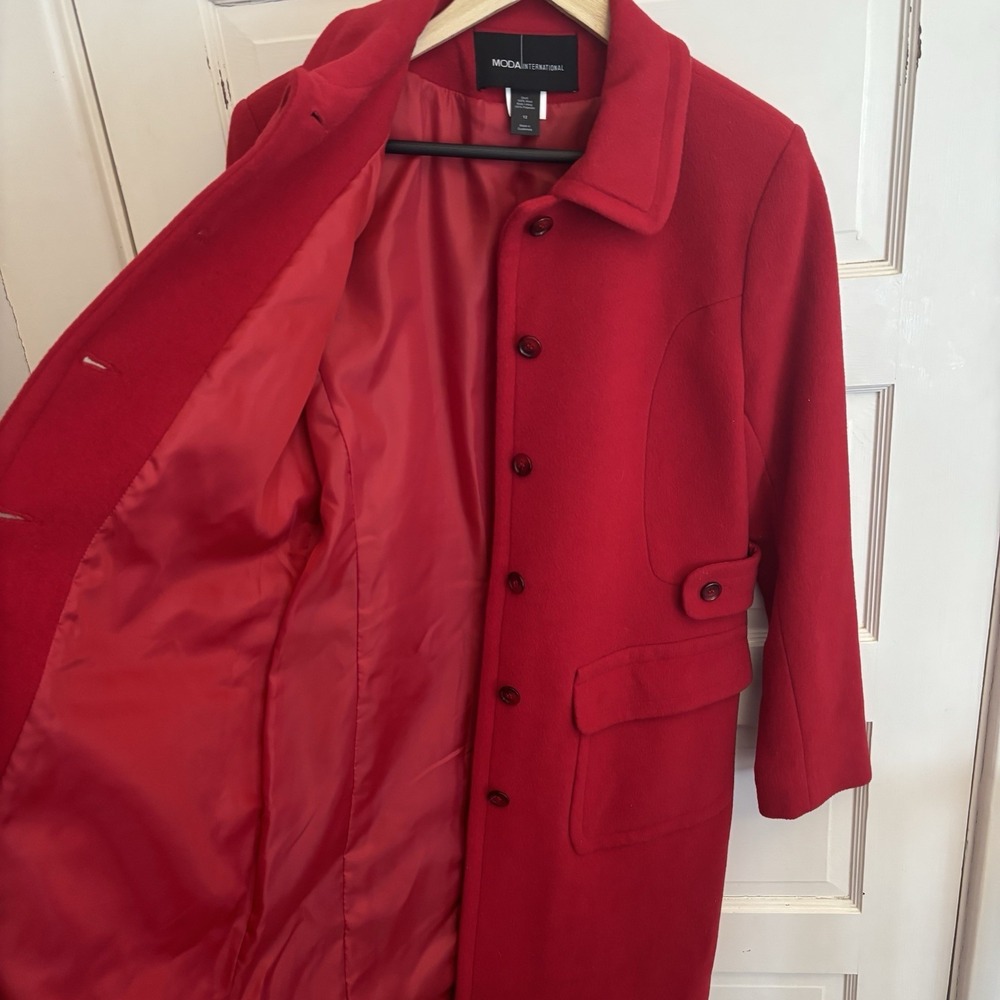 Moda International Vintage Women's 100% Wool Red Coat Flap Pockets Size 12 - Picture 5 of 5